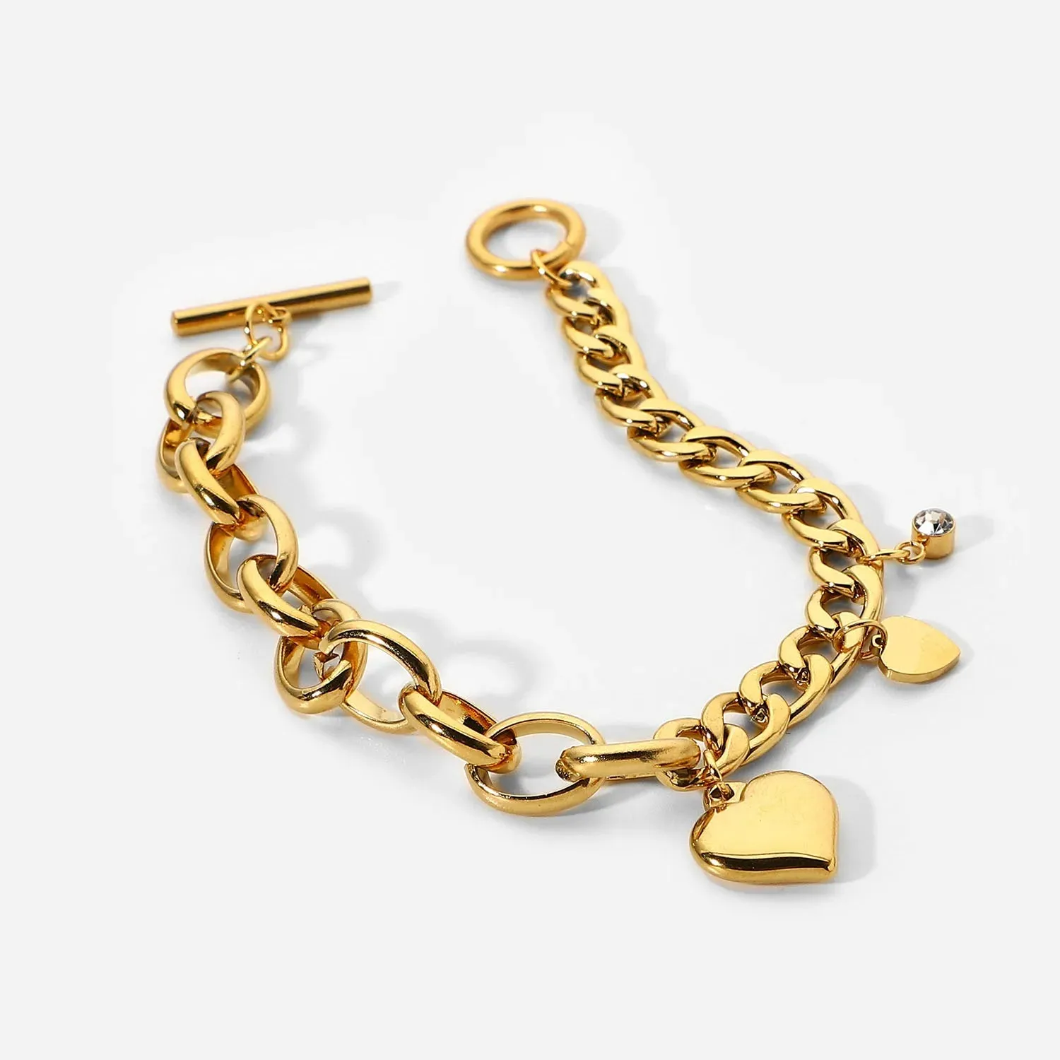 VAIGE Chunky Stainless Steel Cuban Chain Bracelet with 18k Gold Plated Zircon Heart Charm and Lobster Claw Clasp, Trendy Fashion Jewelry