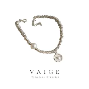 VAIGE Elegant Irregular Pearl Heart Beaded Silver Bracelet in Shimmering White