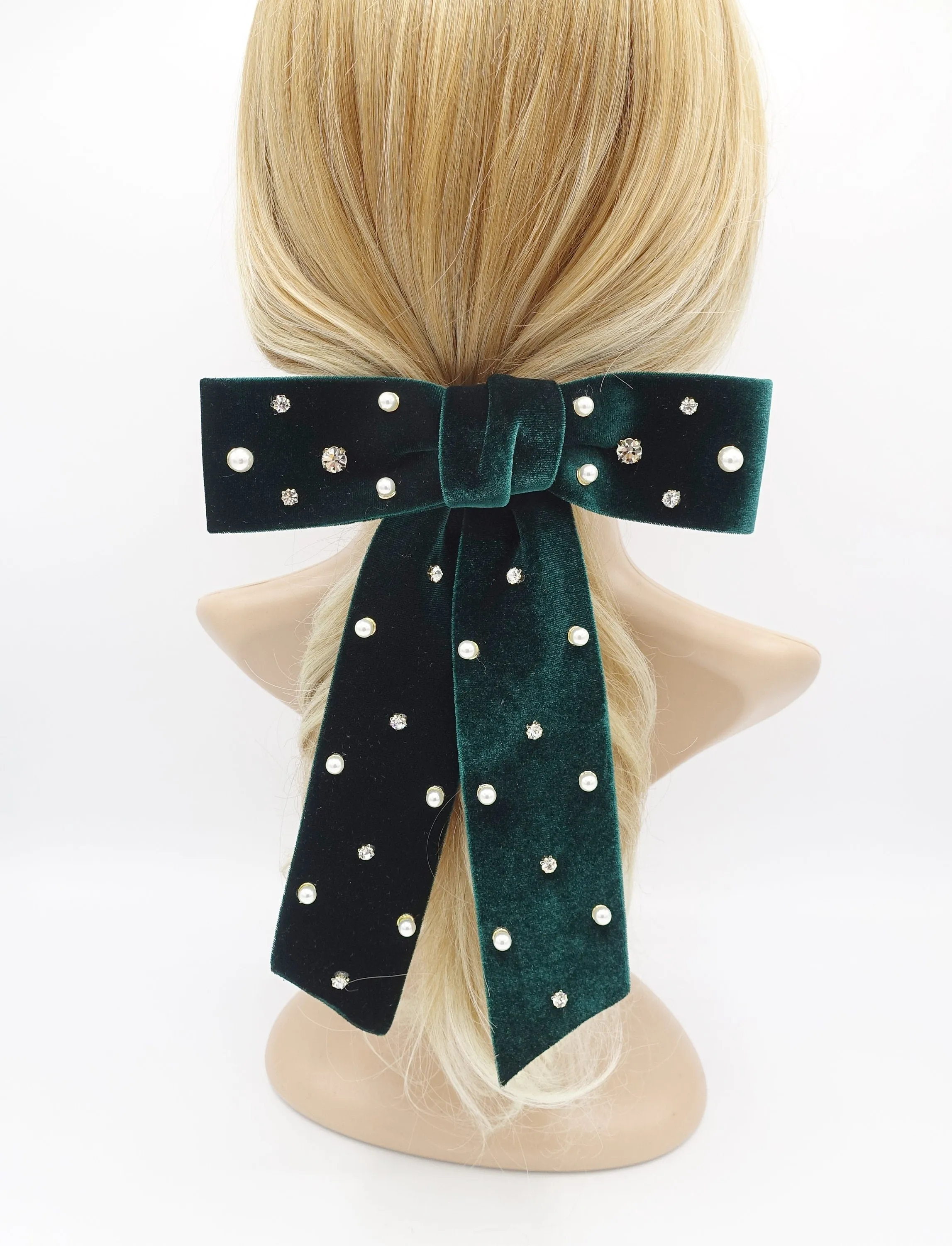 velvet hair bow, pearl hair bow, rhinestone hair bow, embellished hair bow for women