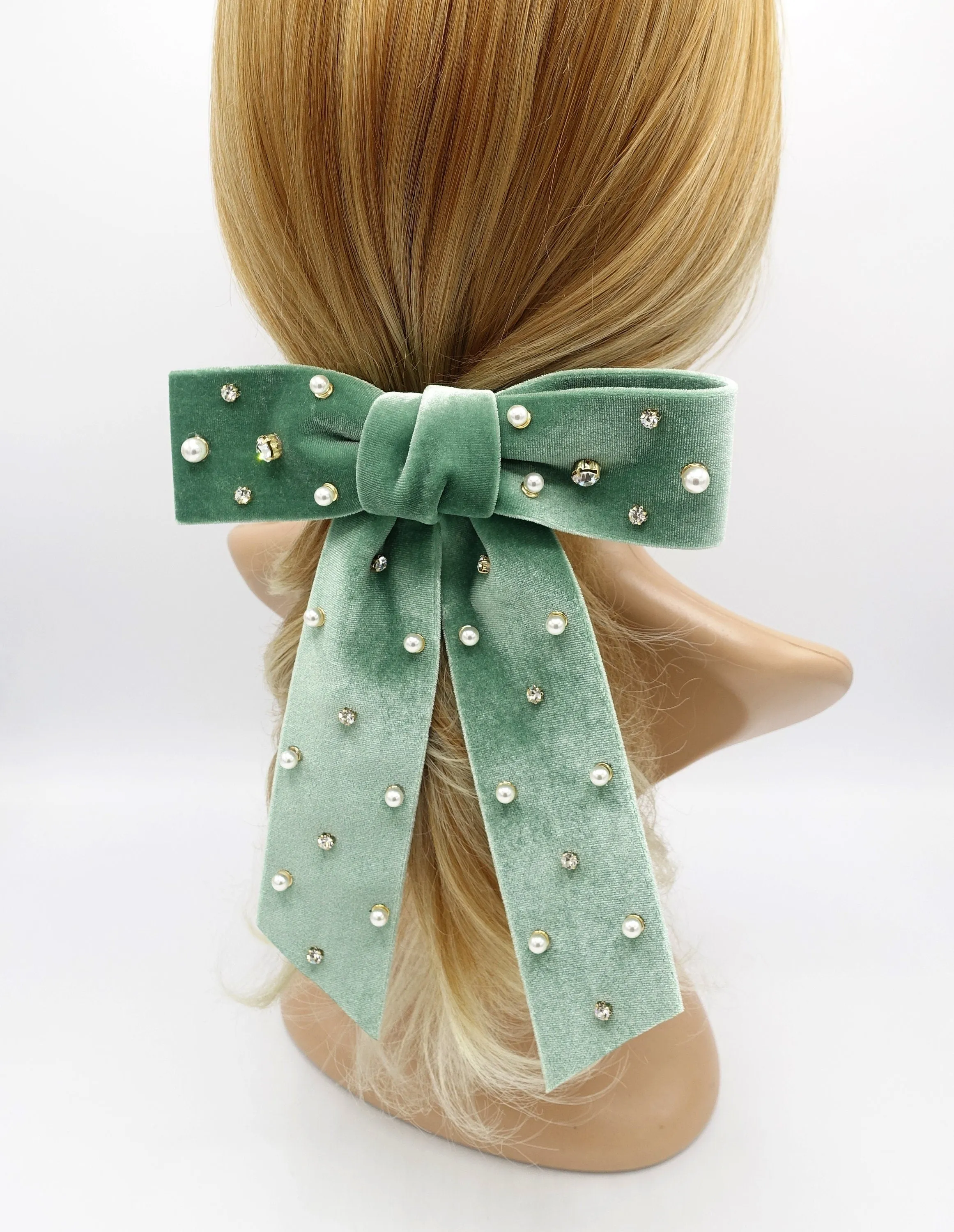 velvet hair bow, pearl hair bow, rhinestone hair bow, embellished hair bow for women