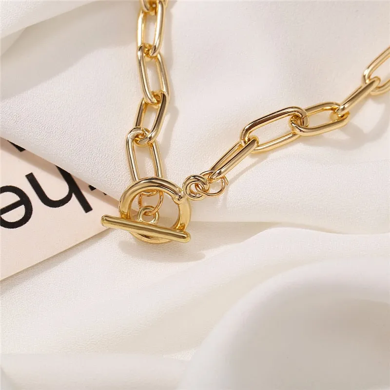 VenusFox 17KM Trendy Gold Thick Chain Necklace for Women Fashion Mixed Linked Circle Necklaces Minimalist Choker Necklace Party Jewelry