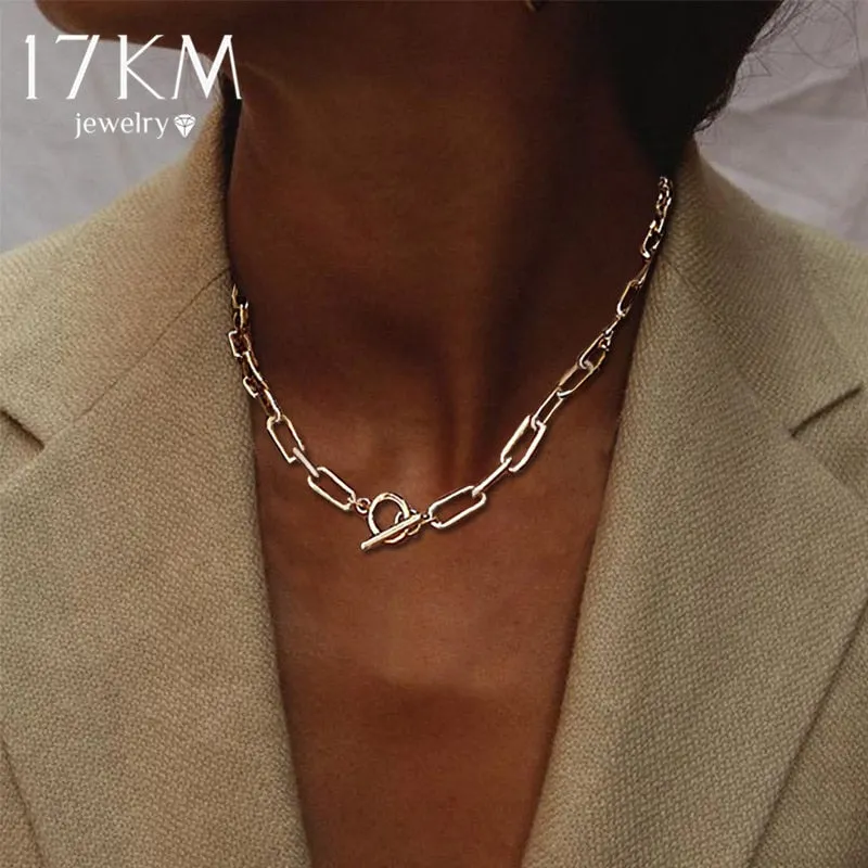 VenusFox 17KM Trendy Gold Thick Chain Necklace for Women Fashion Mixed Linked Circle Necklaces Minimalist Choker Necklace Party Jewelry