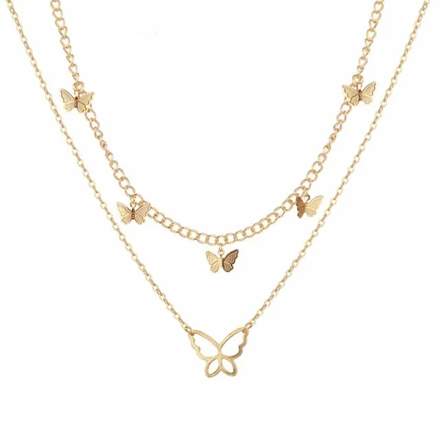 VenusFox Fashion Cute Butterfly Choker Necklace For Women Gold Color Layered Chain Butterfly Pendant Necklace Female Chocker Jewelry