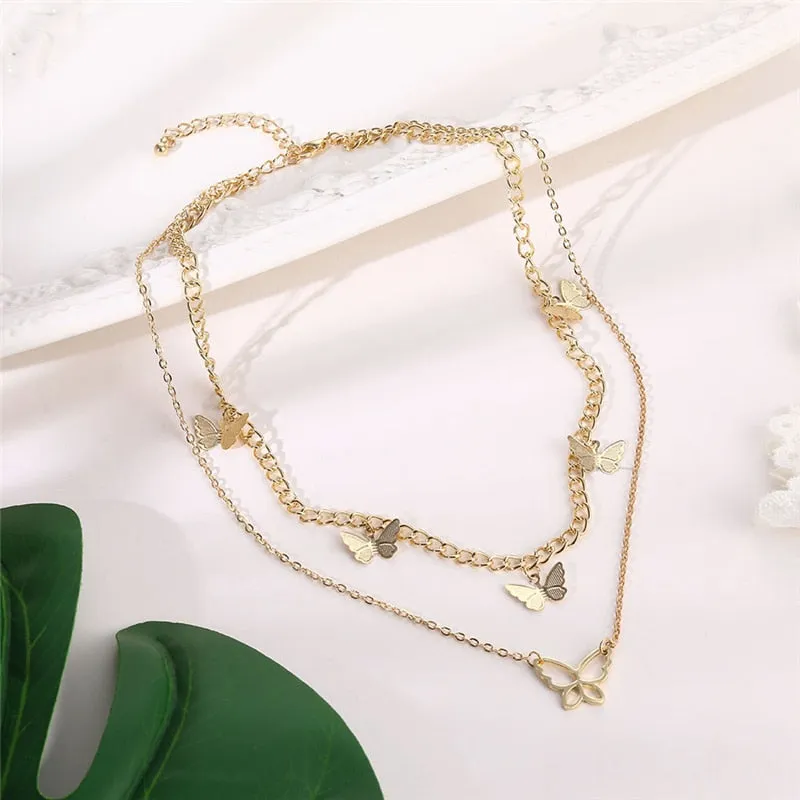 VenusFox Fashion Cute Butterfly Choker Necklace For Women Gold Color Layered Chain Butterfly Pendant Necklace Female Chocker Jewelry