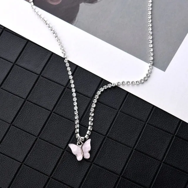 VenusFox Shiny Zircon Butterfly Pendant Choker Light Luxury Aesthetic Niche Clavicle Silver-plated Necklace Jewelry Women