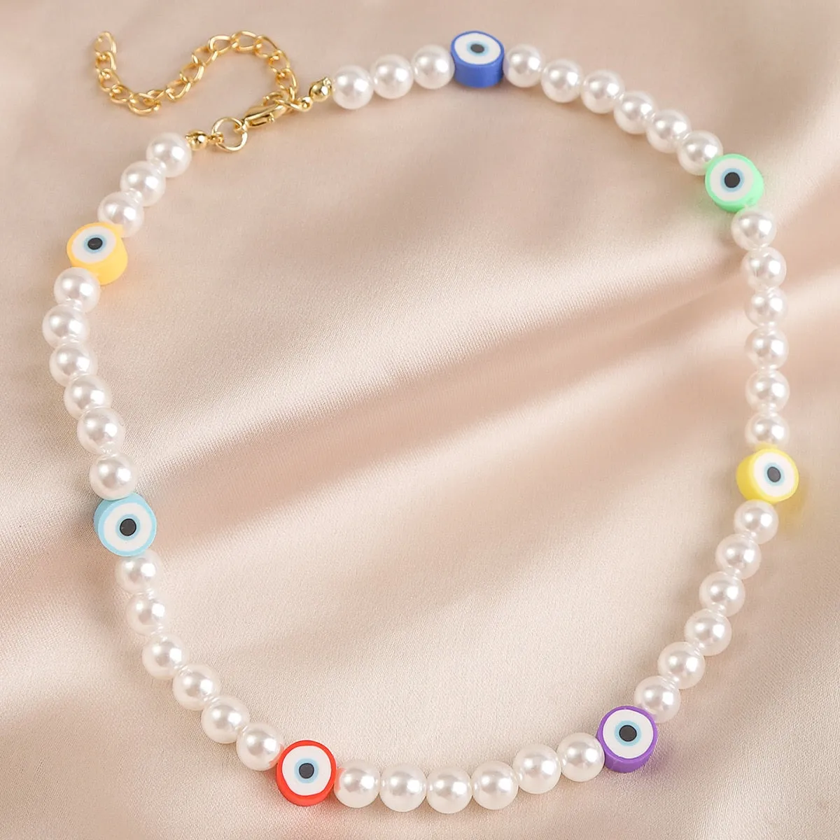 VenusFox Summer Ethnic Imitation Pearl Choker Necklace For Women Girls Sweet Soft Clay Beads Chain Necklace Flower Heart Jewelry