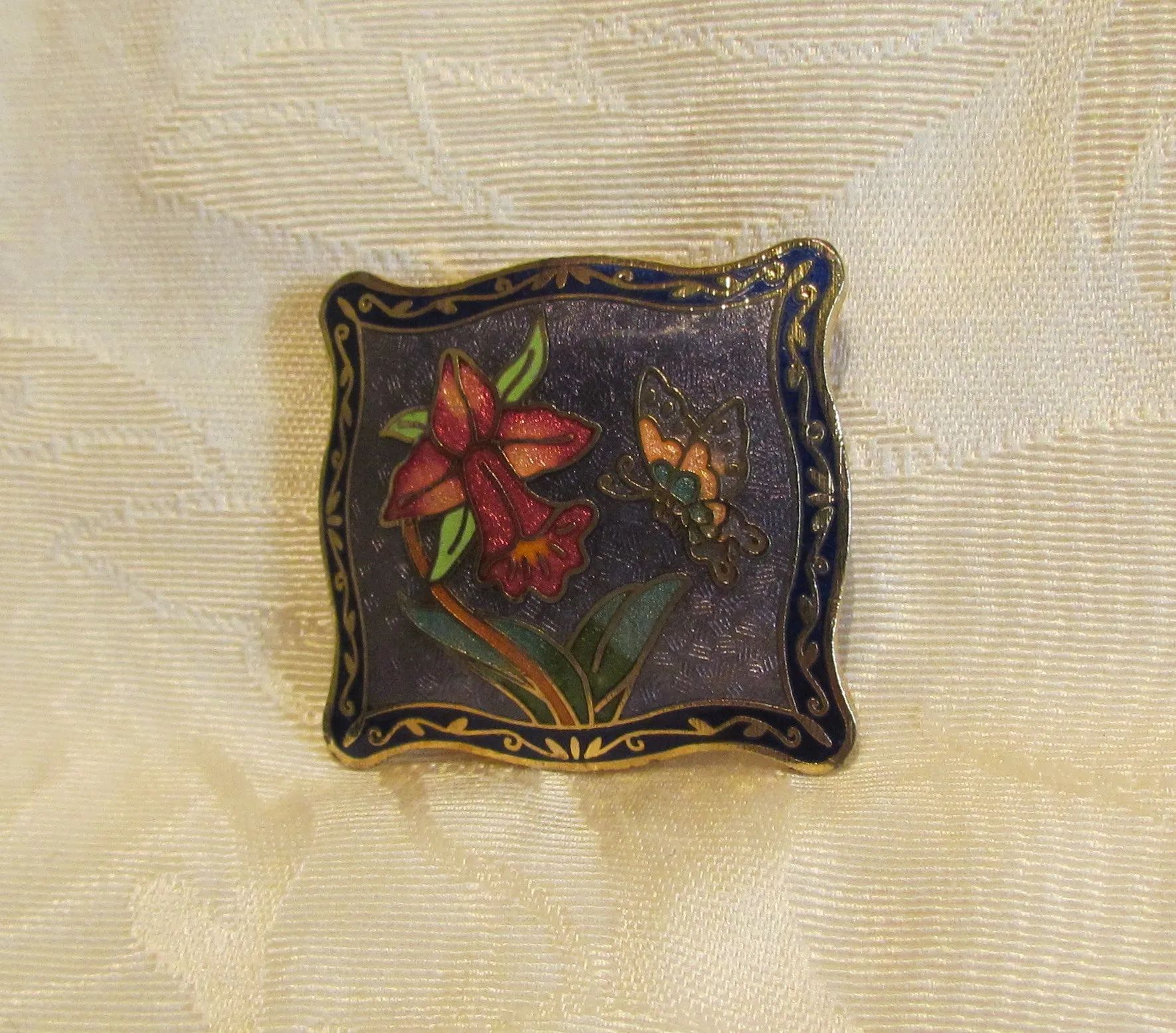 Vintage Guilloche Belt Buckle Enamel Butterfly Daffodil Flower Design