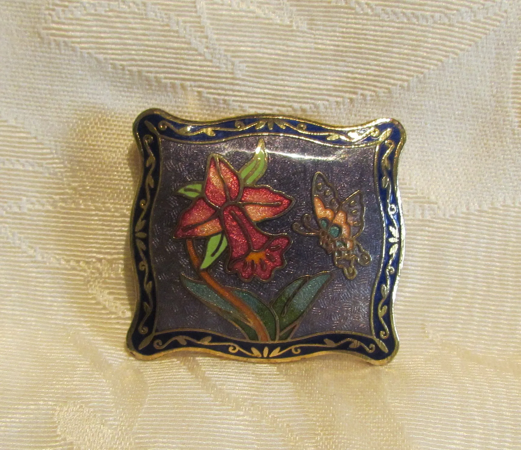 Vintage Guilloche Belt Buckle Enamel Butterfly Daffodil Flower Design