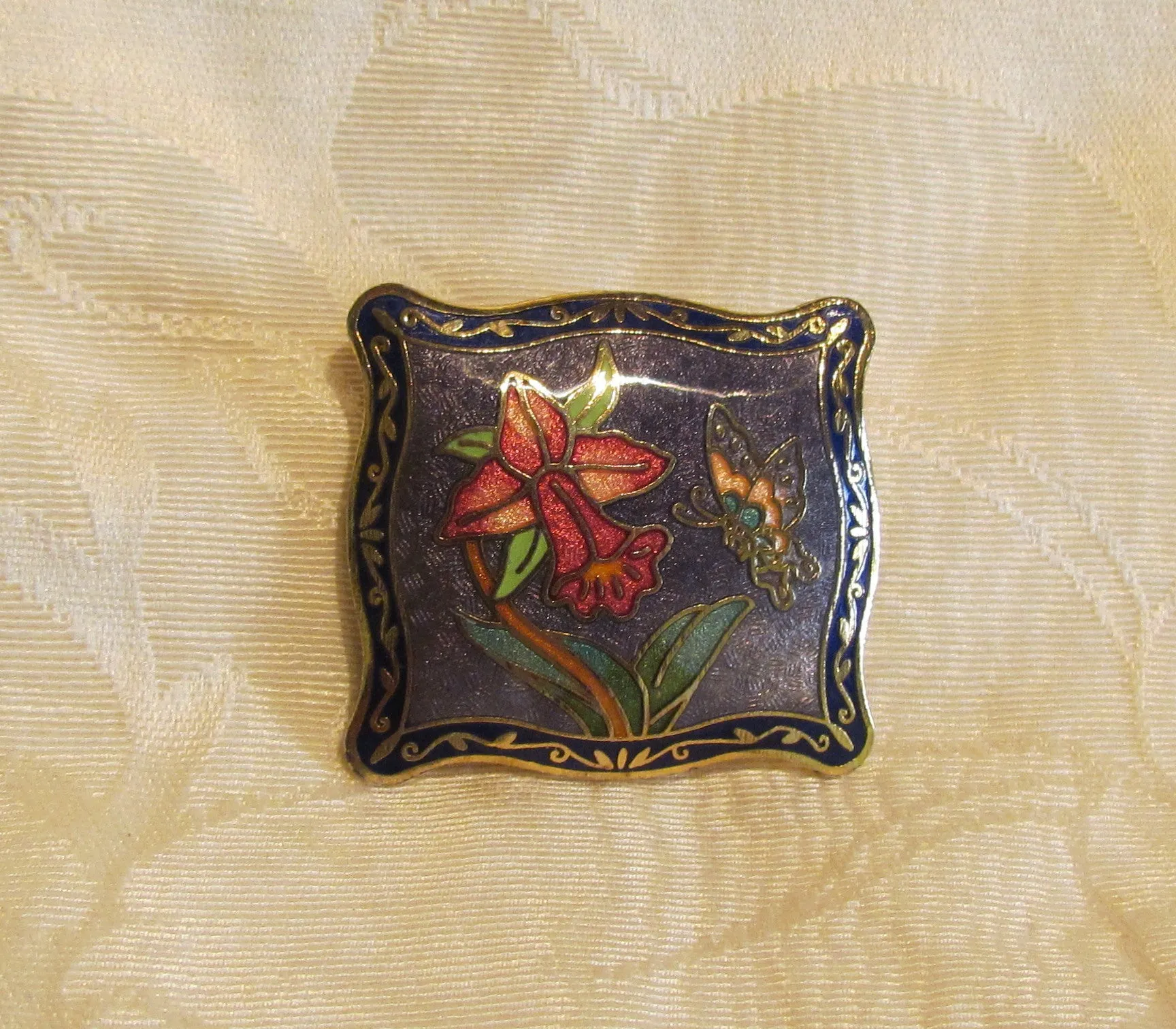 Vintage Guilloche Belt Buckle Enamel Butterfly Daffodil Flower Design