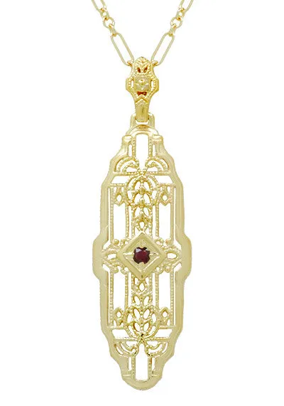 Vintage Inspired Lozenge Shape Art Deco Ruby Pendant - Yellow Gold Over Sterling Silver