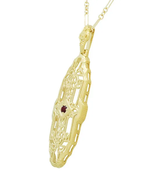 Vintage Inspired Lozenge Shape Art Deco Ruby Pendant - Yellow Gold Over Sterling Silver