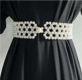 Vintage  pearl waistband elastic wide belt decoration with skirt stretch waist chain accessories