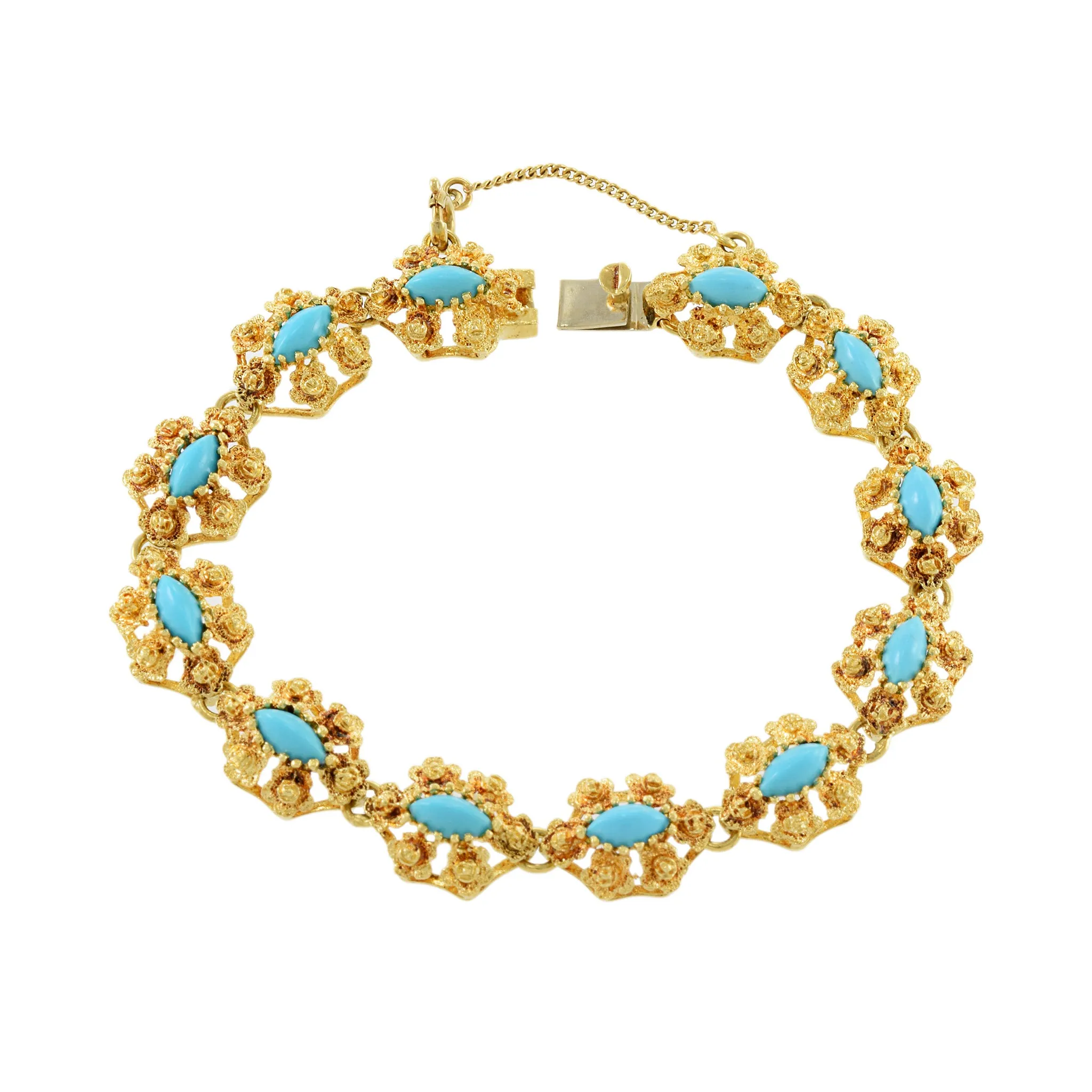 Vintage Retro Era 18KT Yellow Gold Italian Floral Marquise Cut Turquoise Bracelet