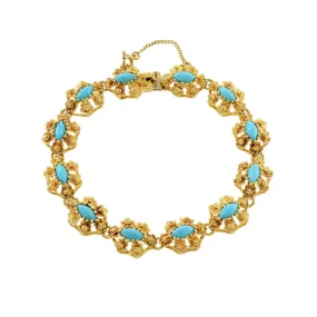 Vintage Retro Era 18KT Yellow Gold Italian Floral Marquise Cut Turquoise Bracelet