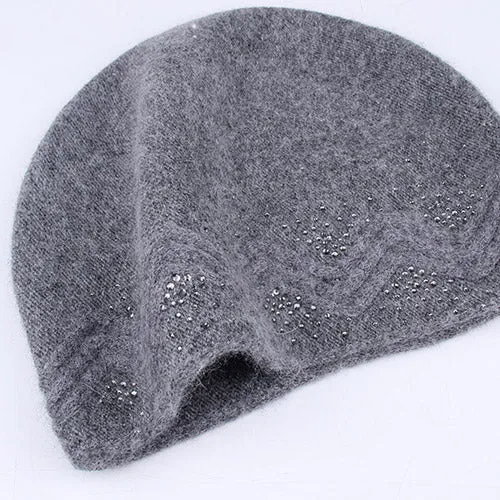 Winter Wool Rabbit Fur Casual Warm Knitted Winter Beanie with Rhinestones