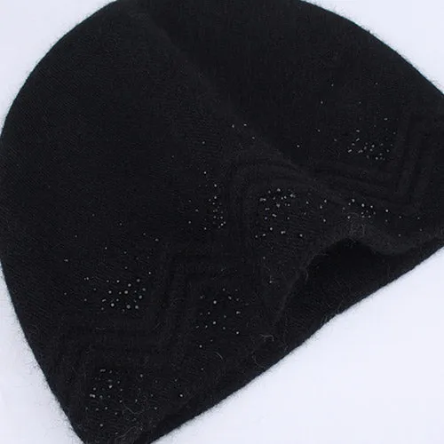 Winter Wool Rabbit Fur Casual Warm Knitted Winter Beanie with Rhinestones