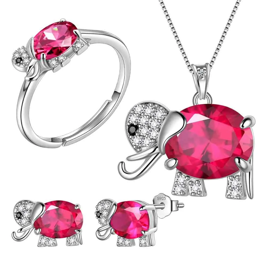 Women Elephant Necklace Earrings Ring Jewelry Set July Ruby Birthstone Girls Birthday Gift