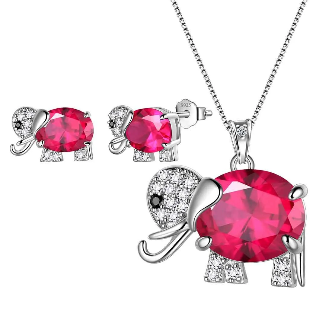 Women Elephant Necklace Earrings Ring Jewelry Set July Ruby Birthstone Girls Birthday Gift