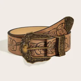 Women's Antique Gold Floral Rose Pattern Leather Belt