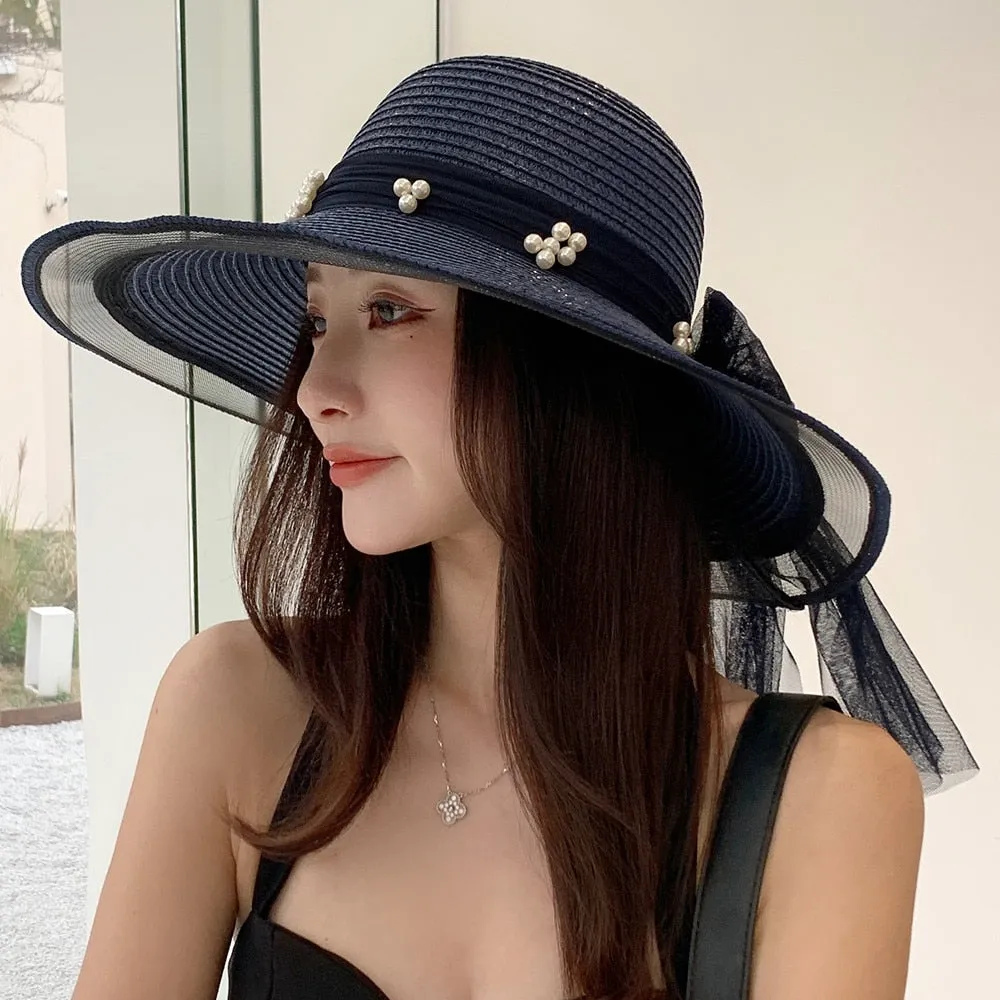 Women's Summer Hat Fashion Wave Mesh Pearl Design Straw Sun Hat Female Travel  Beach Bucket Hat