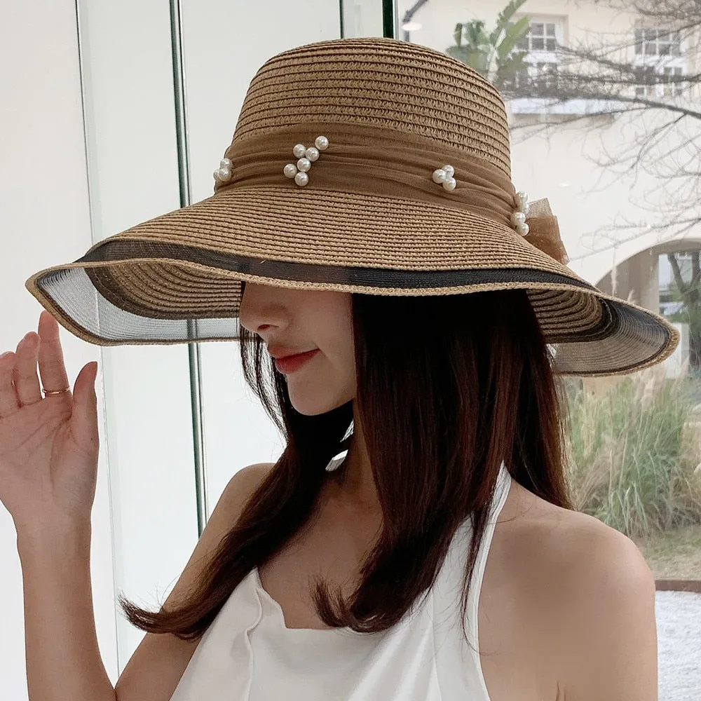 Women's Summer Hat Fashion Wave Mesh Pearl Design Straw Sun Hat Female Travel  Beach Bucket Hat