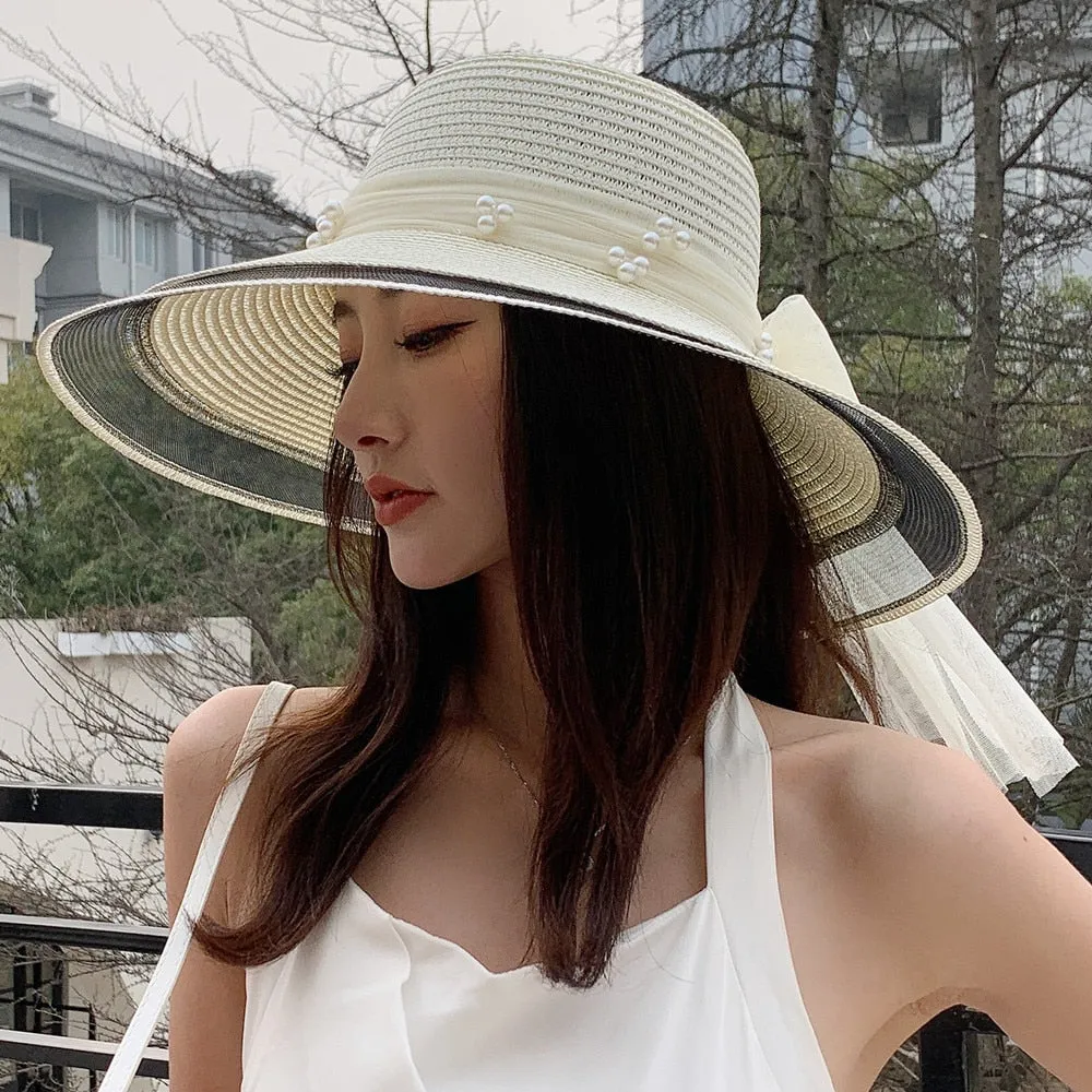 Women's Summer Hat Fashion Wave Mesh Pearl Design Straw Sun Hat Female Travel  Beach Bucket Hat