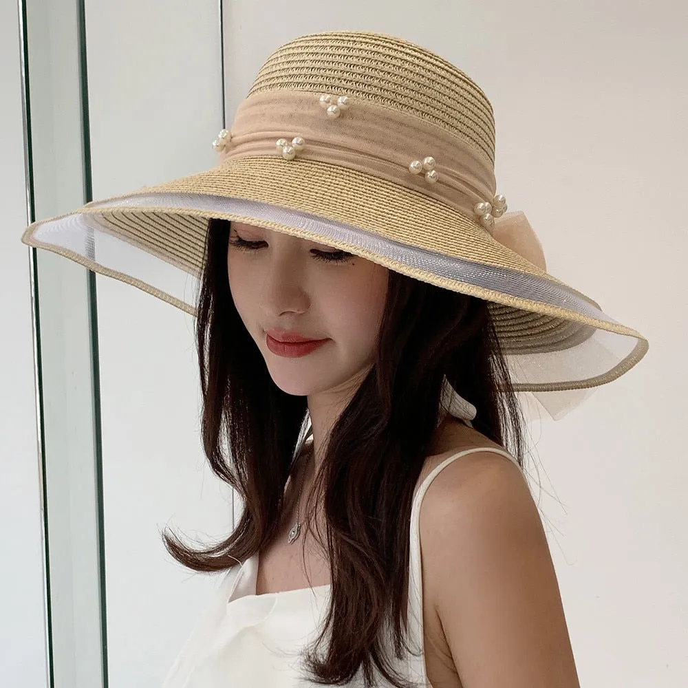 Women's Summer Hat Fashion Wave Mesh Pearl Design Straw Sun Hat Female Travel  Beach Bucket Hat