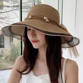 Women's Summer Hat Fashion Wave Mesh Pearl Design Straw Sun Hat Female Travel  Beach Bucket Hat