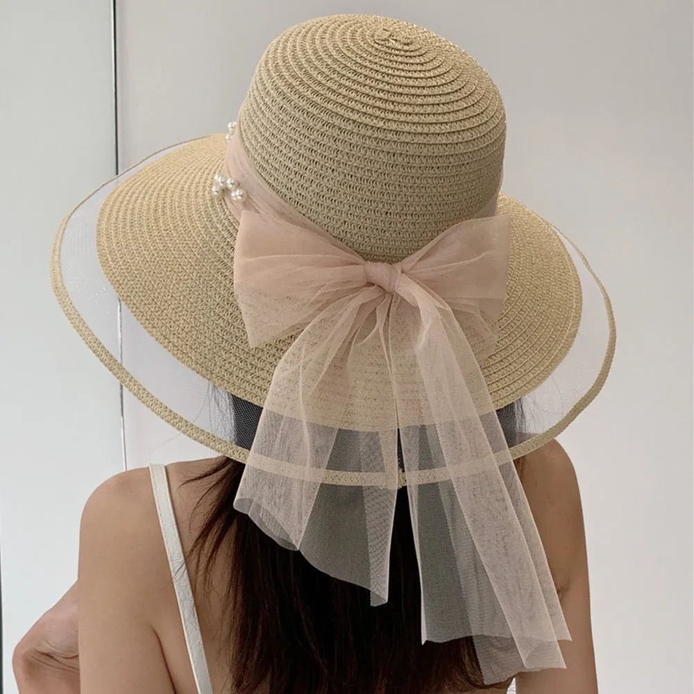 Women's Summer Hat Fashion Wave Mesh Pearl Design Straw Sun Hat Female Travel  Beach Bucket Hat