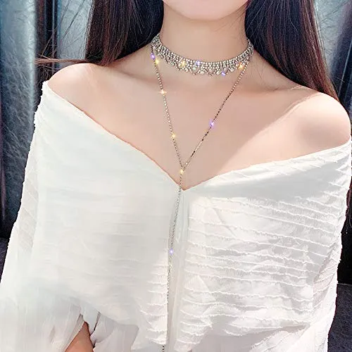 Yellow Chimes Exclusive Sparkling Double Layer Crystal Long Chain Silver Plated Choker Necklace for Women and Girl's